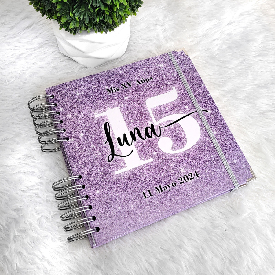 Libro de Firmas XV Años - Morado Glitter y Plateado