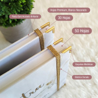 Libro de Firmas de Boda, Guestbook - Blanco Marmol con Flores y Dorado