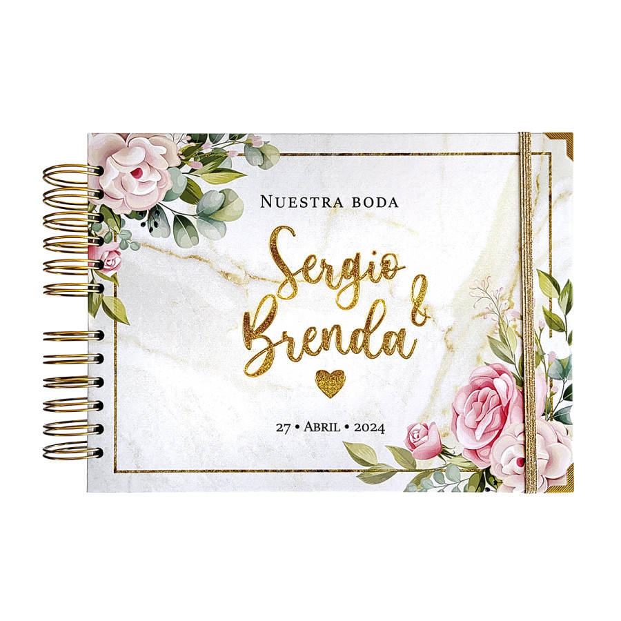 Libro de Firmas de Boda, Guestbook - Blanco Marmol con Flores y Dorado