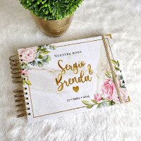Libro de Firmas de Boda, Guestbook - Blanco Marmol con Flores y Dorado