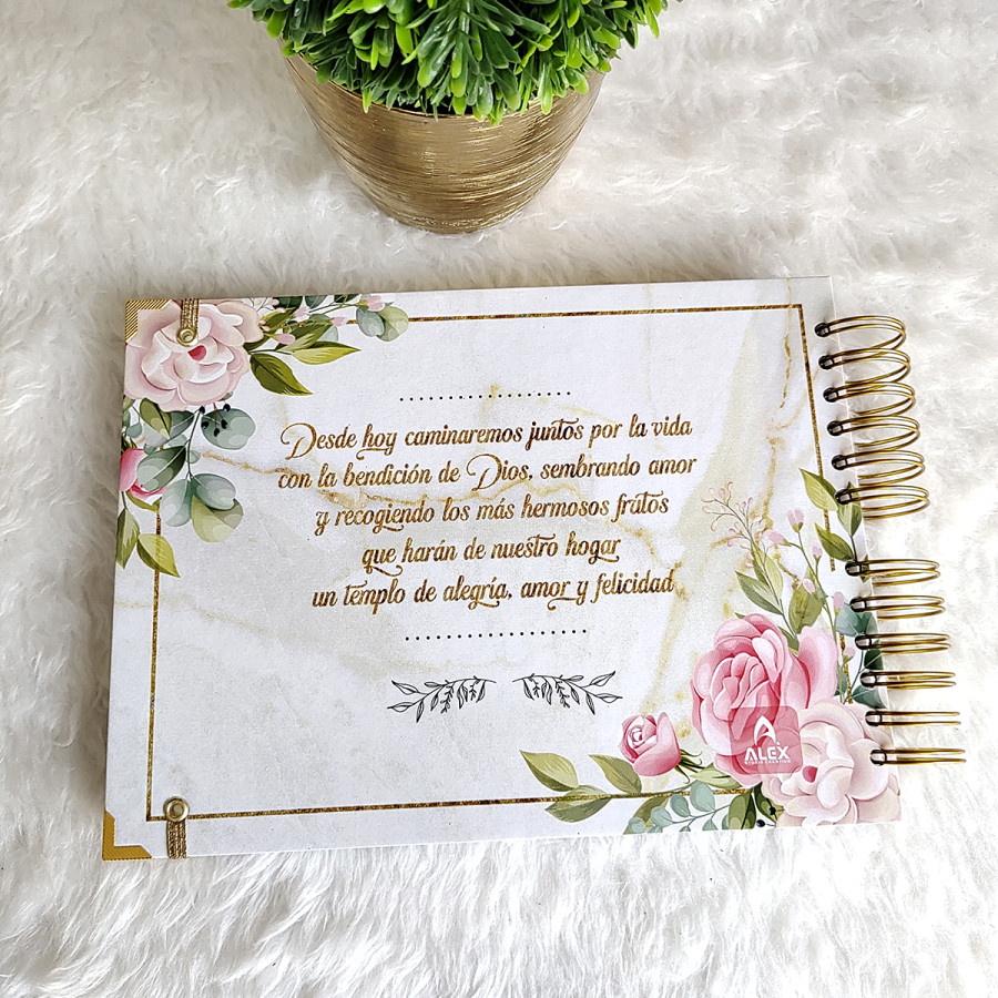 Libro de Firmas de Boda, Guestbook - Blanco Marmol con Flores y Dorado