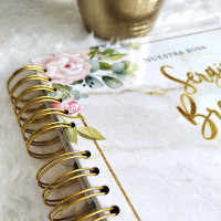 Libro de Firmas de Boda, Guestbook - Blanco Marmol con Flores y Dorado