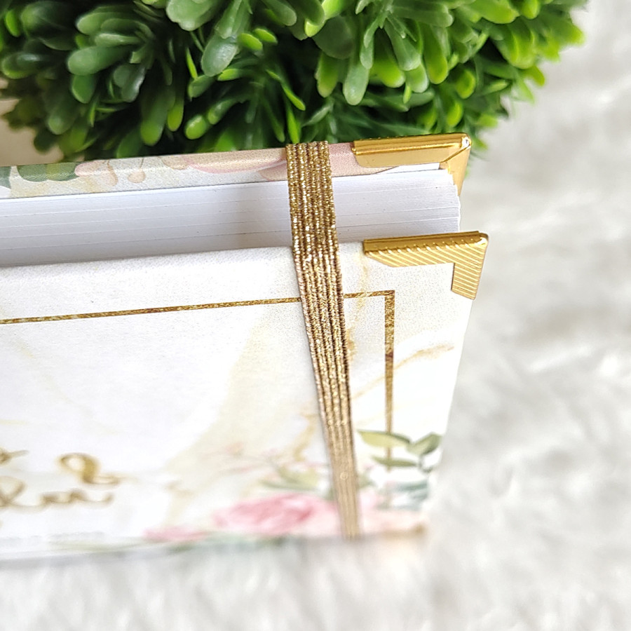 Libro de Firmas de Boda, Guestbook - Blanco Marmol con Flores y Dorado