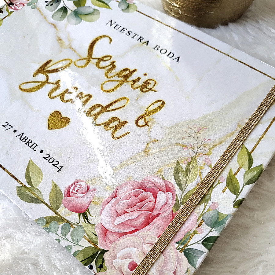 Libro de Firmas de Boda, Guestbook - Blanco Marmol con Flores y Dorado