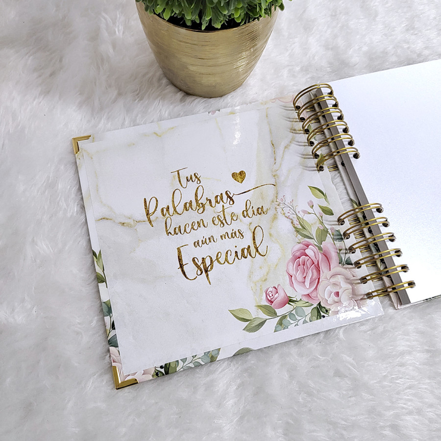 Libro de Firmas de Boda, Guestbook - Blanco Marmol con Flores y Dorado