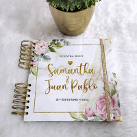 Libro de Firmas de Boda, Guestbook - Blanco Marmol con Flores y Dorado