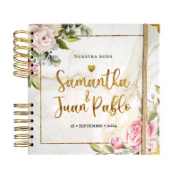 Libro de Firmas de Boda, Guestbook - Blanco Marmol con Flores y Dorado