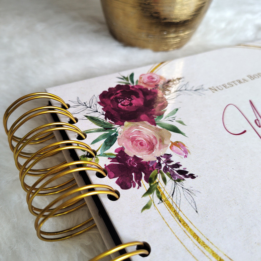 Libro de Firmas de Boda - Floral Vino y Dorado