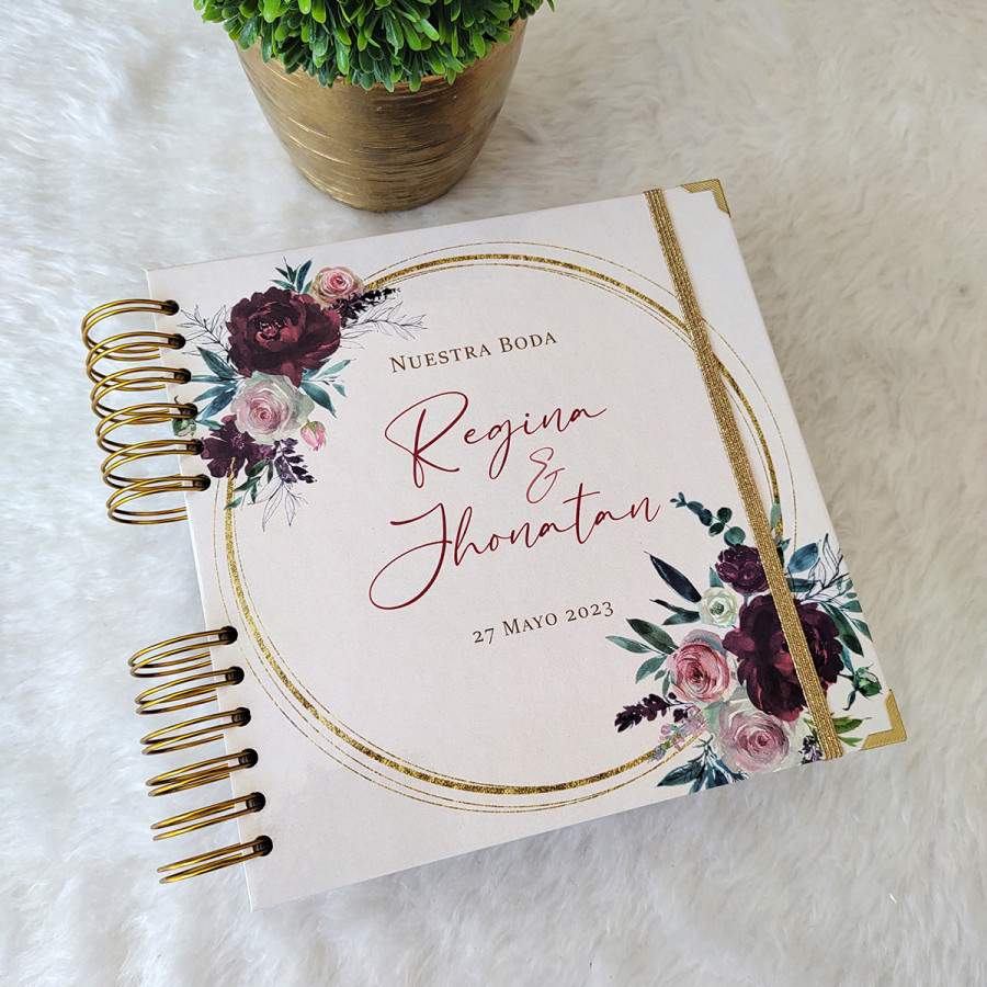 Libro de Firmas de Boda - Floral Vino y Dorado