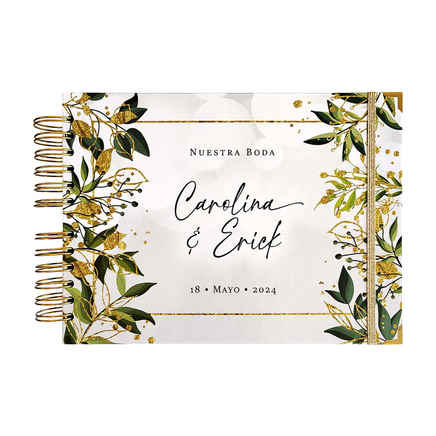 Libro de Firmas de Boda - Hojas Verdes y Dorado