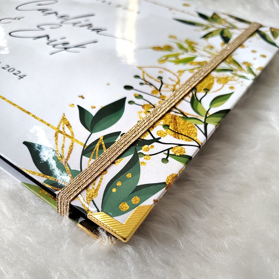 Libro de Firmas de Boda - Hojas Verdes y Dorado