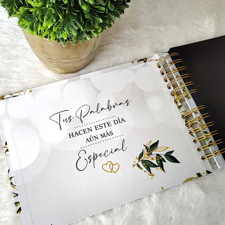 Libro de Firmas de Boda - Hojas Verdes y Dorado