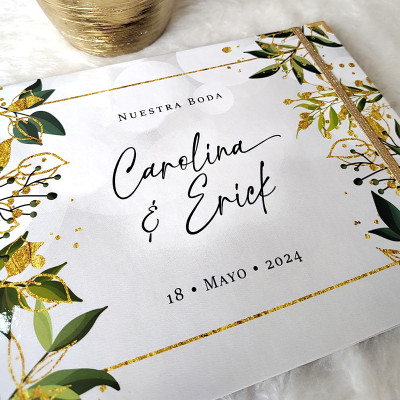 Libro de Firmas de Boda - Hojas Verdes y Dorado