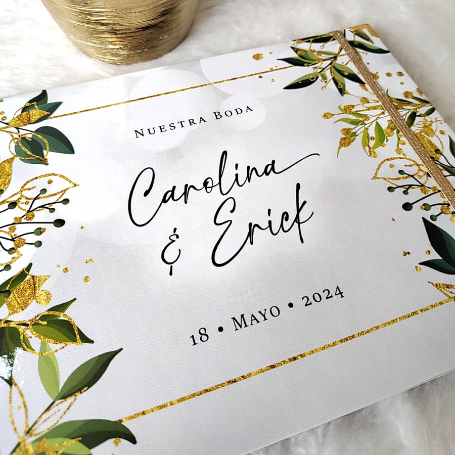 Libro de Firmas de Boda - Hojas Verdes y Dorado