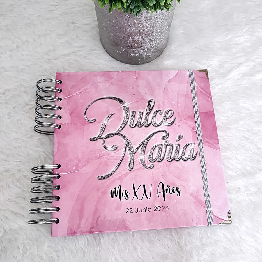 Libro de Firmas XV años - Rosa y detalles en Plateado