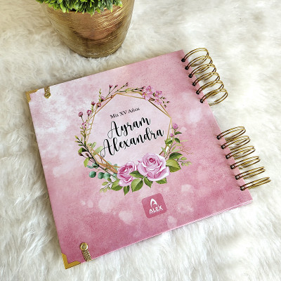 Libro de Firmas XV años - Rosa 02 y detalles en Dorado