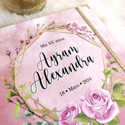 Libro de Firmas XV años - Rosa 02 y detalles en Dorado
