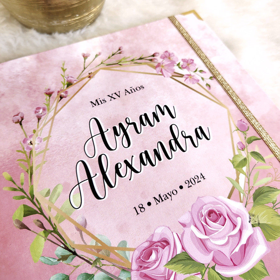 Libro de Firmas XV años - Rosa 02 y detalles en Dorado