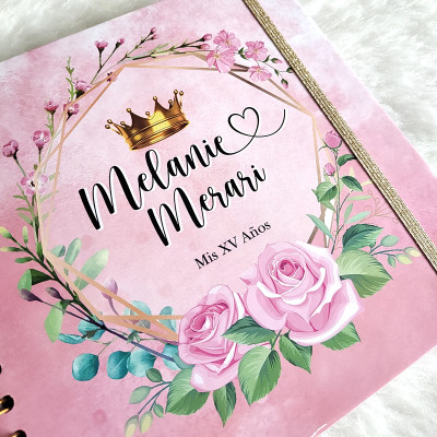 Libro de Firmas XV años - Rosa 02 y detalles en Dorado
