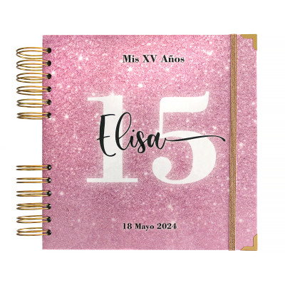 Libro de Firmas XV años - Rosa Glitter y detalles en Dorado