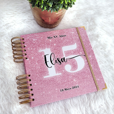 Libro de Firmas XV años - Rosa Glitter y detalles en Dorado