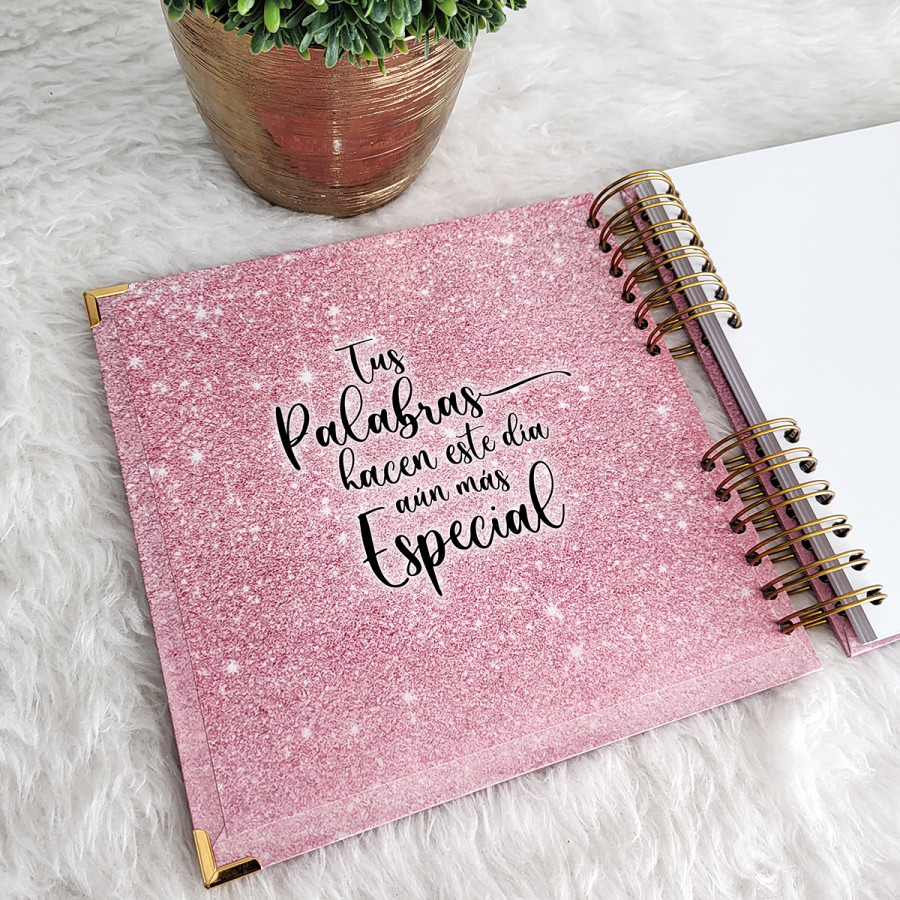 Libro de Firmas XV años - Rosa Glitter y detalles en Dorado
