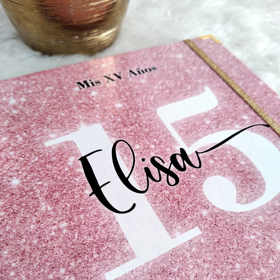 Libro de Firmas XV años - Rosa Glitter y detalles en Dorado