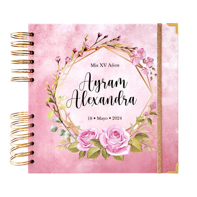 Libro de Firmas XV años - Rosa 02 y detalles en Dorado