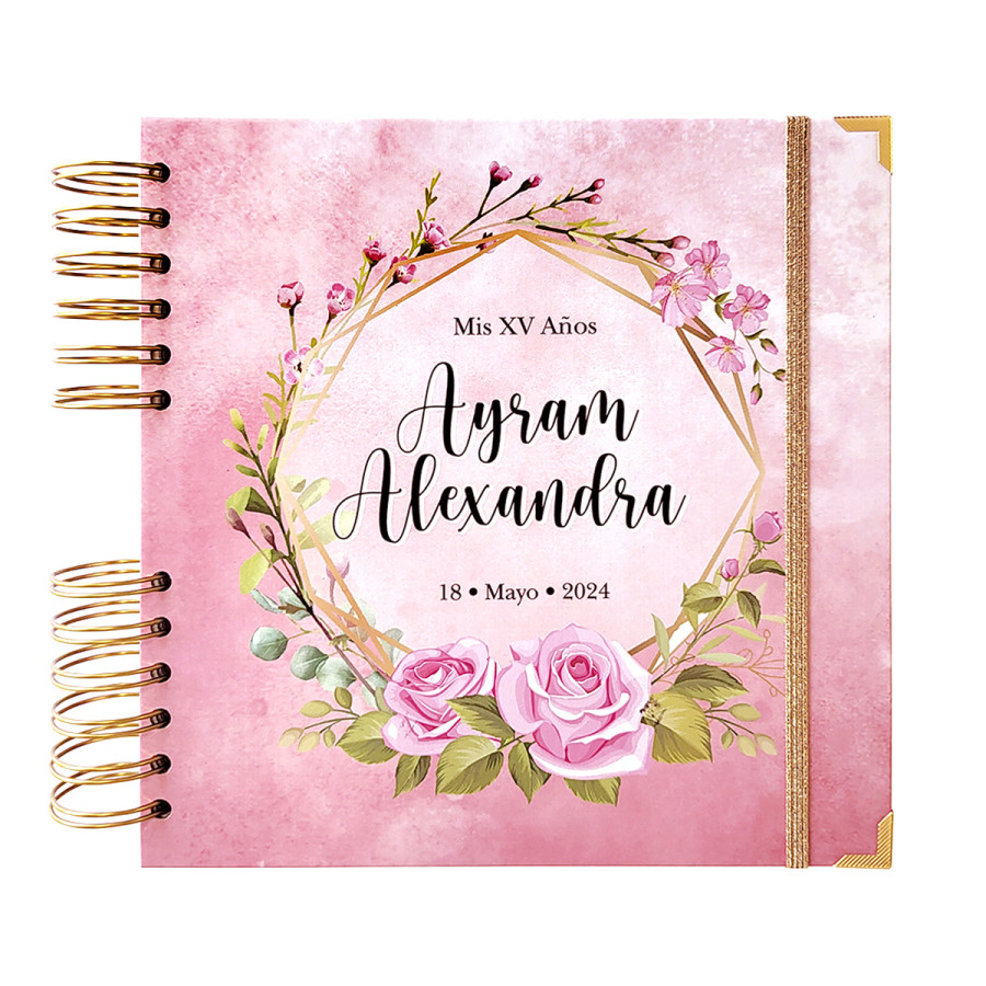 Libro de Firmas XV años - Rosa 02 y detalles en Dorado