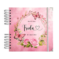 Libro de Firmas XV años - Rosas y Mariposas con detalles en Plata