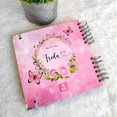 Libro de Firmas XV años - Rosas y Mariposas con detalles en Plata