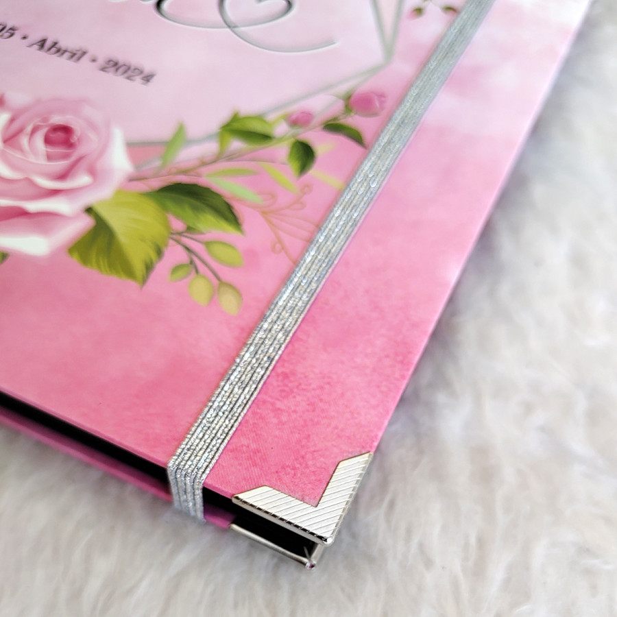 Libro de Firmas XV años - Rosas y Mariposas con detalles en Plata