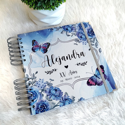 Libro de Firmas XV años - Flores Azul con Mariposas y Plata