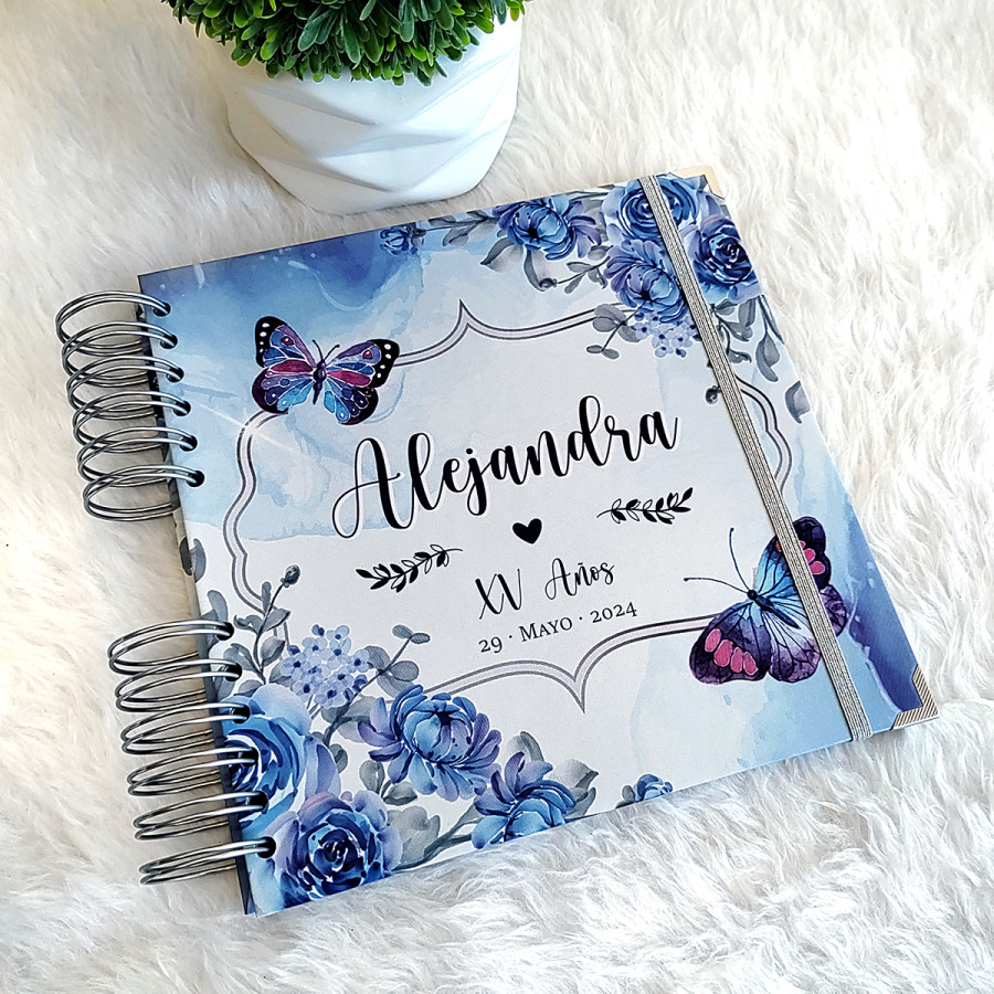 Libro de Firmas XV años - Flores Azul con Mariposas y Plata
