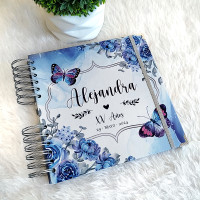 Libro de Firmas XV años - Flores Azul con Mariposas y Plata