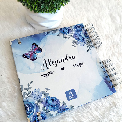 Libro de Firmas XV años - Flores Azul con Mariposas y Plata