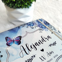 Libro de Firmas XV años - Flores Azul con Mariposas y Plata