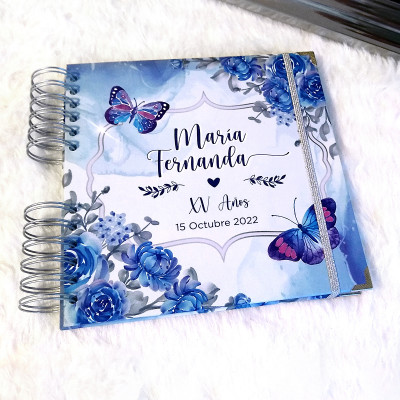 Libro de Firmas XV años - Flores Azul con Mariposas y Plata