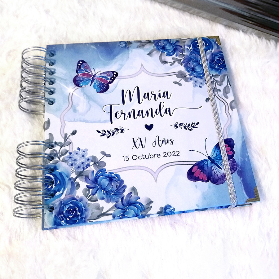Libro de Firmas XV años - Flores Azul con Mariposas y Plata
