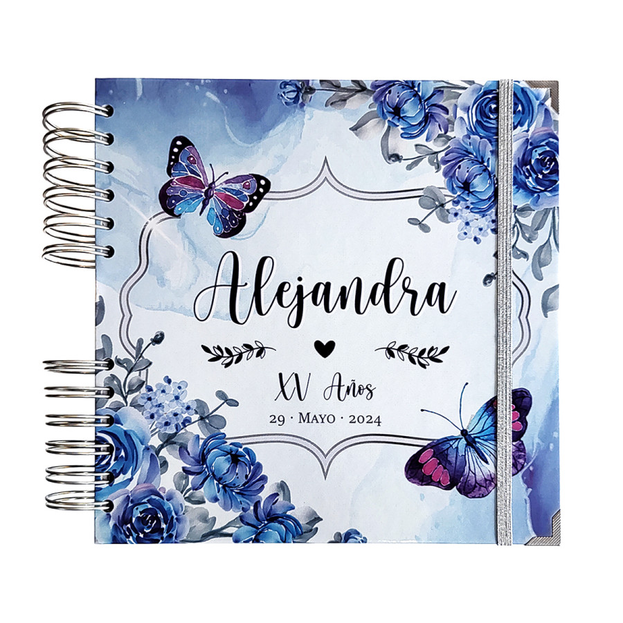 Libro de Firmas XV años - Flores Azul con Mariposas y Plata