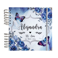 Libro de Firmas XV años - Flores Azul con Mariposas y Plata