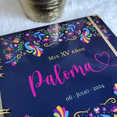 Libro de Firmas XV años - Flores Mexicanas y detalles en Dorado