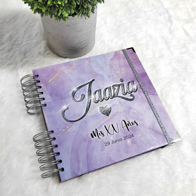 Libro de Firmas XV años - Lila Acuarela y detalles en Plateado