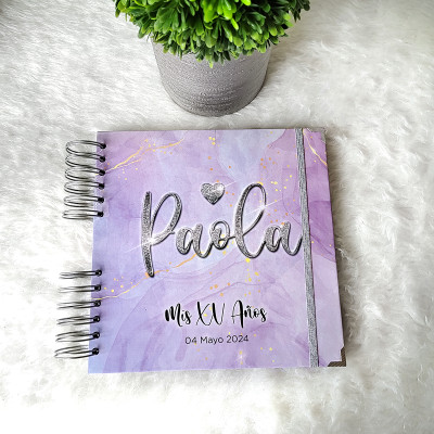 Libro de Firmas XV años - Lila Acuarela y detalles en Plateado