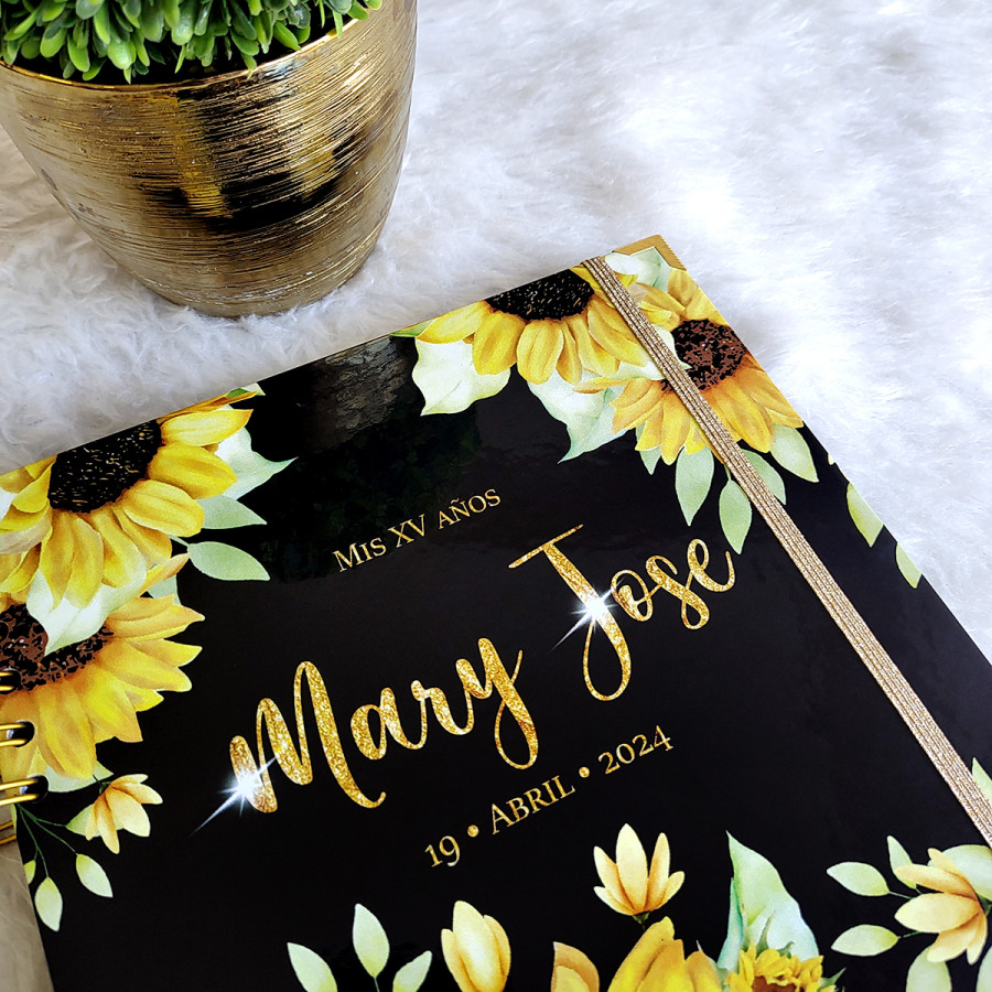 Libro de Firmas XV años - Girasoles y detalles en Dorado