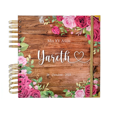 Libro de Firmas XV años - Madera y Rosas con detalles en Dorado