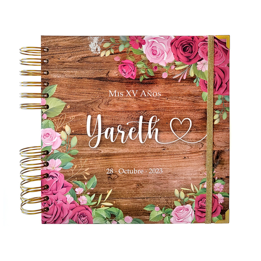 Libro de Firmas XV años - Madera y Rosas con detalles en Dorado