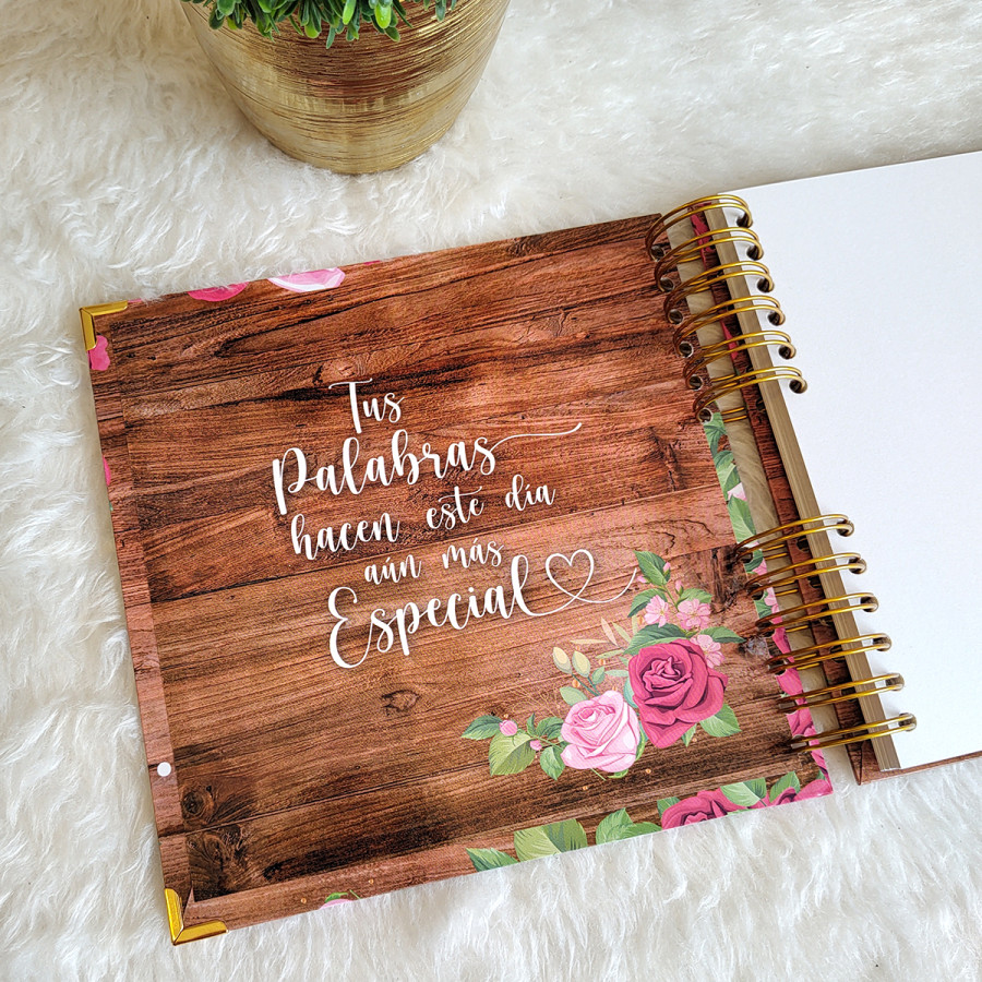 Libro de Firmas XV años - Madera y Rosas con detalles en Dorado