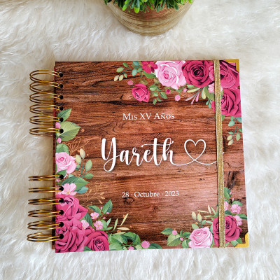 Libro de Firmas XV años - Madera y Rosas con detalles en Dorado