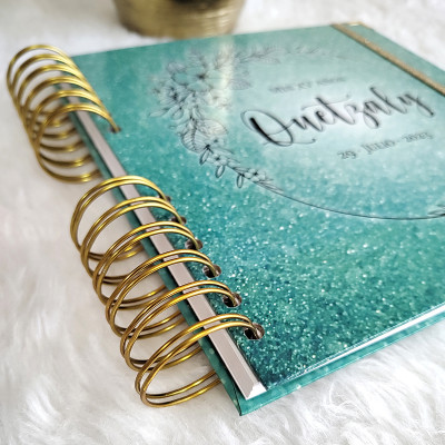 Guestbook XV Años - Verde Turquesa y Dorado con marco floral